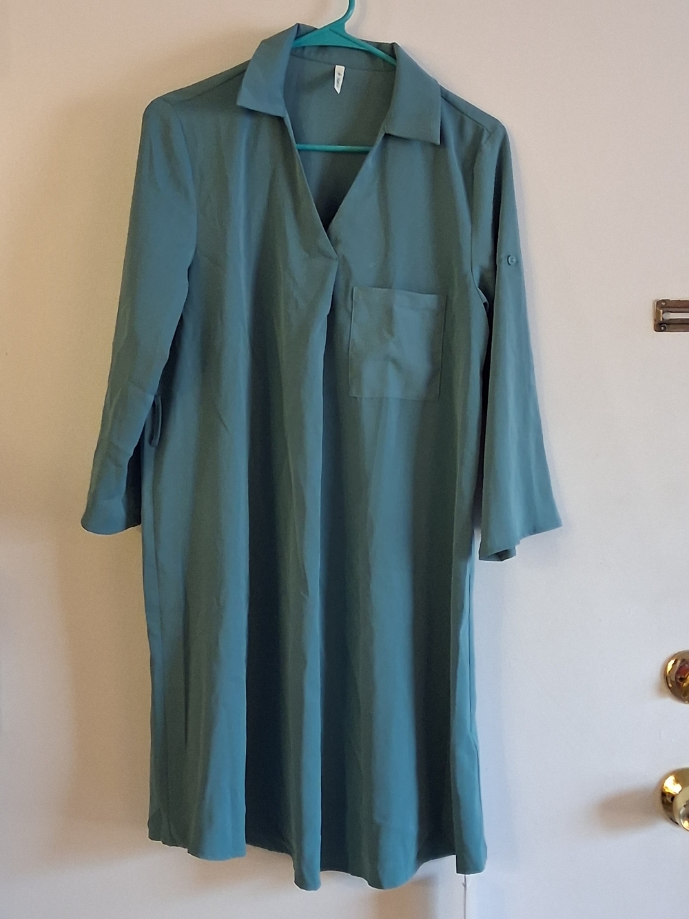 HALARA Teal Shirt Dress with V-Neck and Chest Pocket